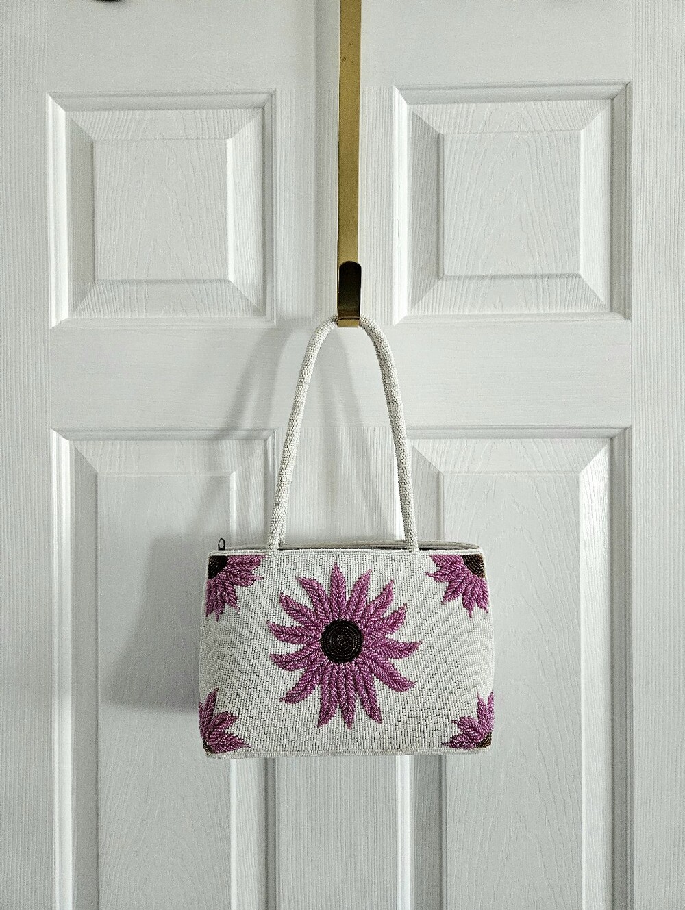 Vintage Handcrafted Fully Beaded Floral Coneflower Structured Small Tote Handbag